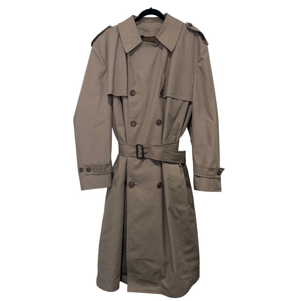 London Fog Mens Vintage Khaki Double Breasted Trench Coat Belted Liner 44 Reg